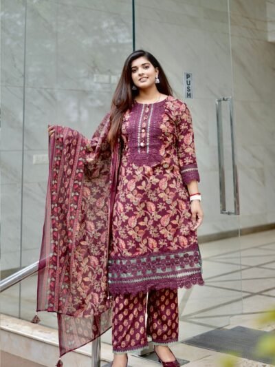 Royal Wine Floral Kurta Set with Dupatta