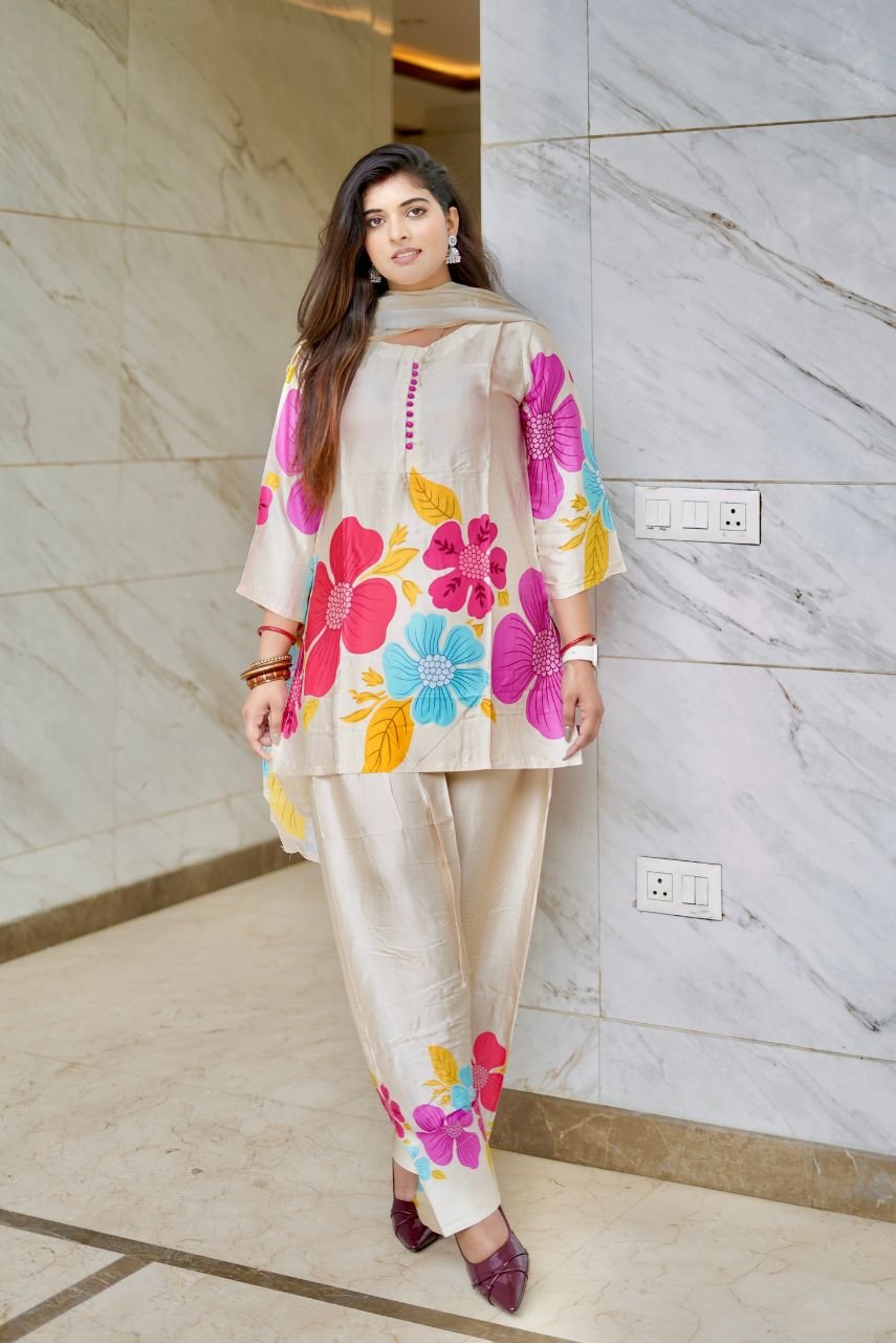 Floral Bloom Satin Kurta Set with Dupatta - Image 6