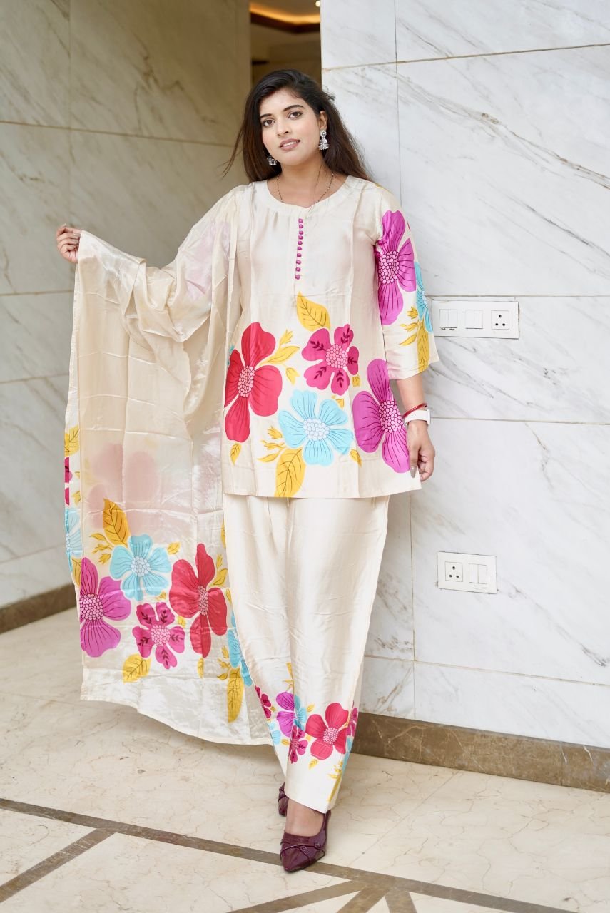Floral Bloom Satin Kurta Set with Dupatta - Image 5