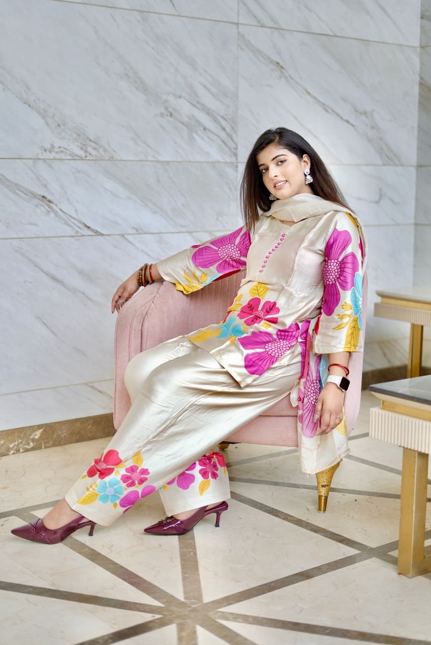 Floral Bloom Satin Kurta Set with Dupatta - Image 3