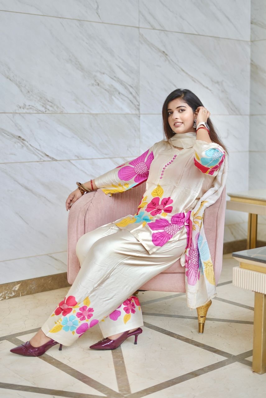 Floral Bloom Satin Kurta Set with Dupatta - Image 2